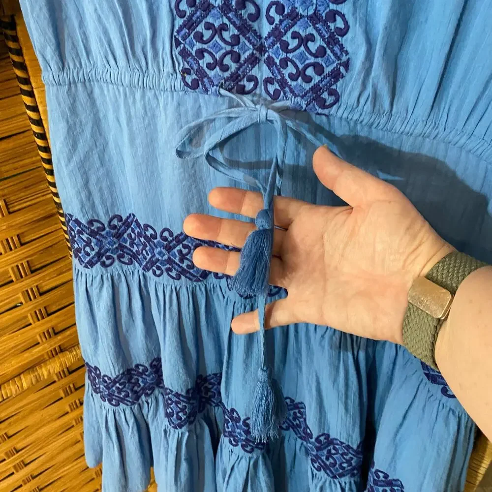 Boden Blue Embroidered 100% Cotton Boho Peasant Dress Women’s 4 Long Sleeve - Picture 2 of 8